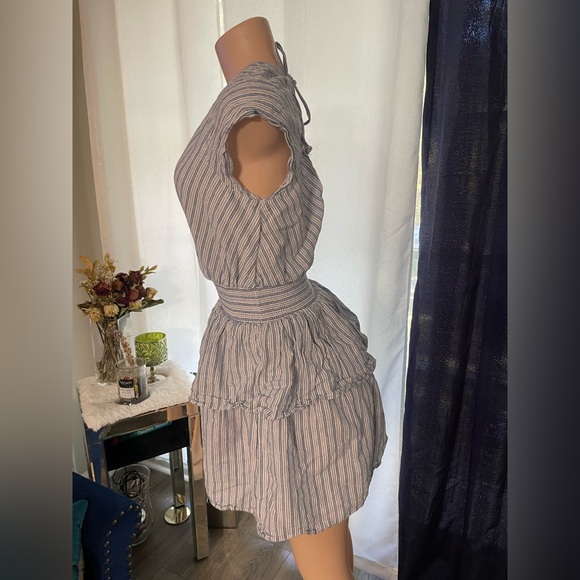 American Eagle Striped V-Neck Ruffle Dress small Blue white twirl - Picture 2 of 6